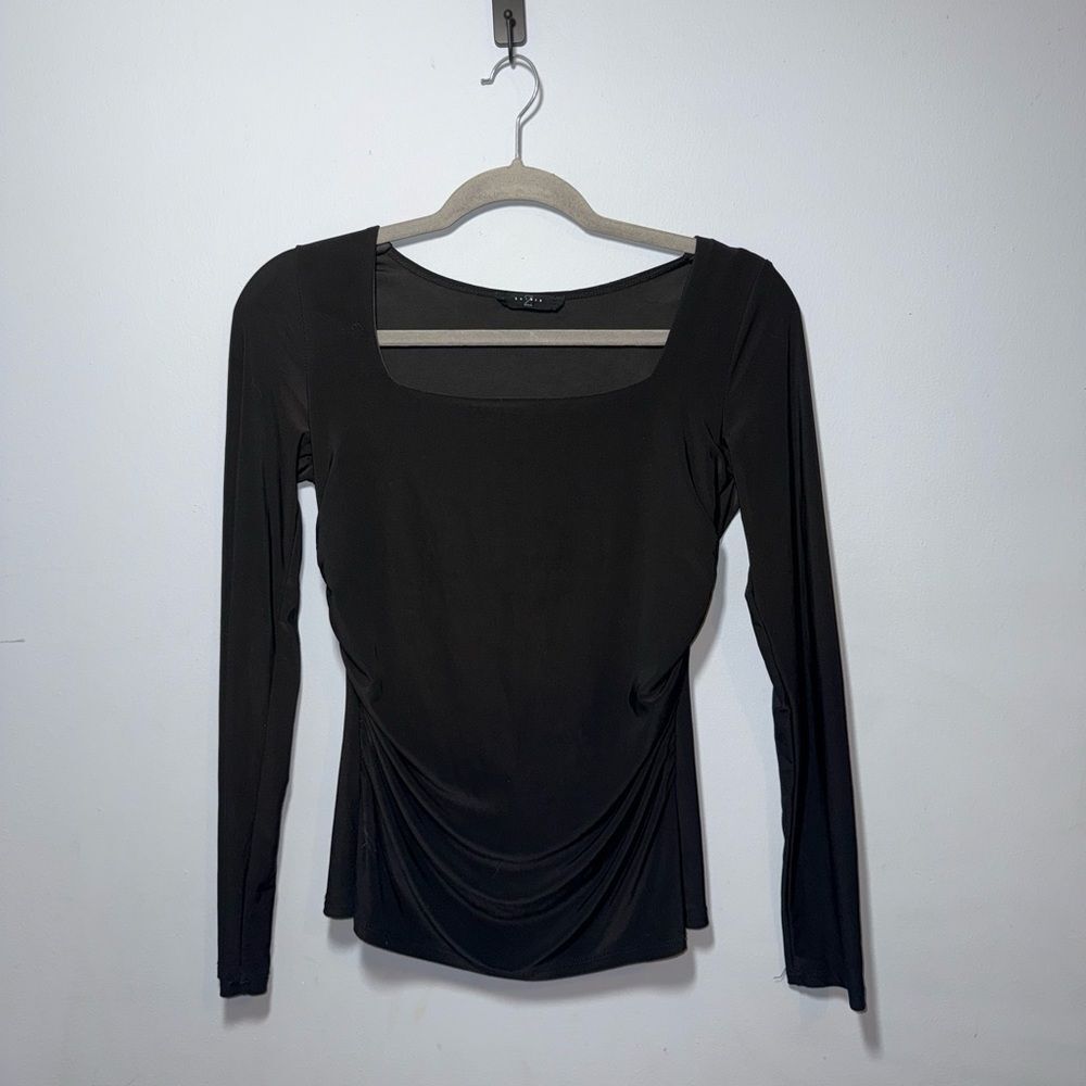 21 Saints women’s black Square neck rouched sides Long sleeve silky top M EUC